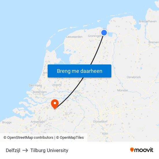 Delfzijl to Tilburg University map