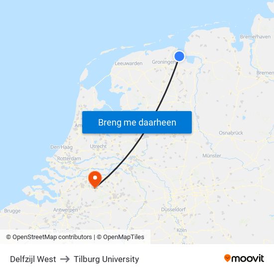 Delfzijl West to Tilburg University map