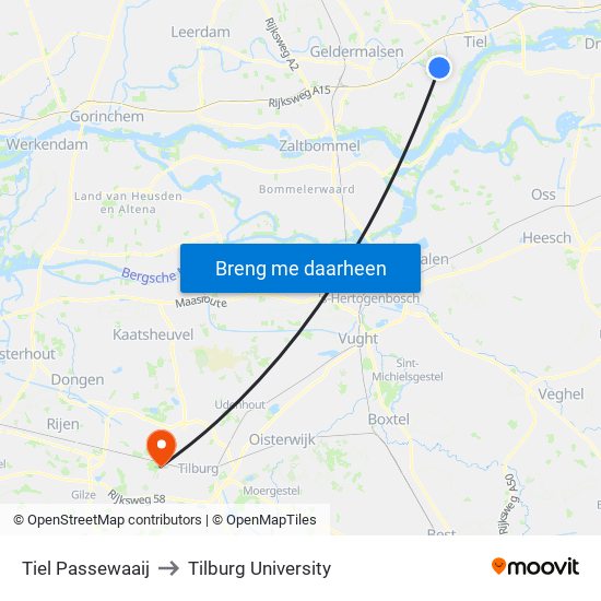 Tiel Passewaaij to Tilburg University map