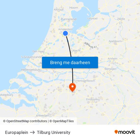 Europaplein to Tilburg University map