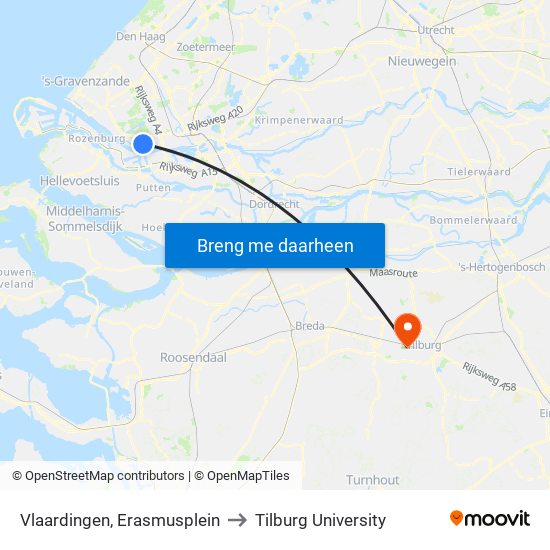 Vlaardingen, Erasmusplein to Tilburg University map