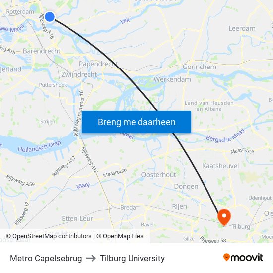 Metro Capelsebrug to Tilburg University map