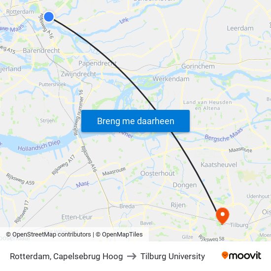 Rotterdam, Capelsebrug Hoog to Tilburg University map