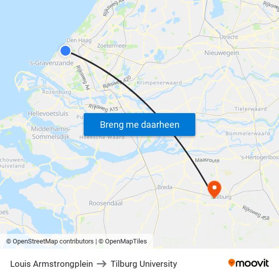 Louis Armstrongplein to Tilburg University map