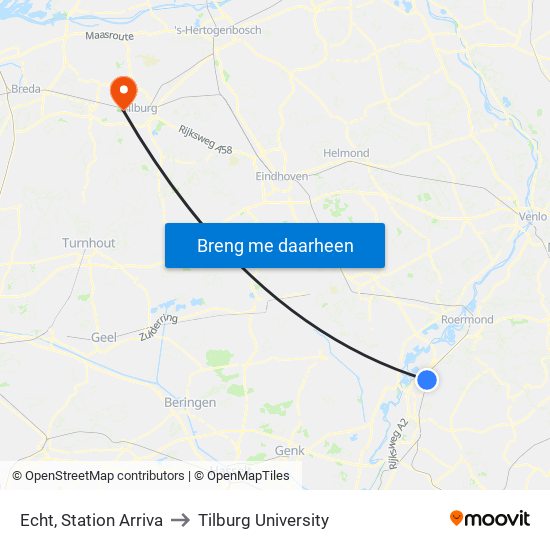 Echt, Station Arriva to Tilburg University map