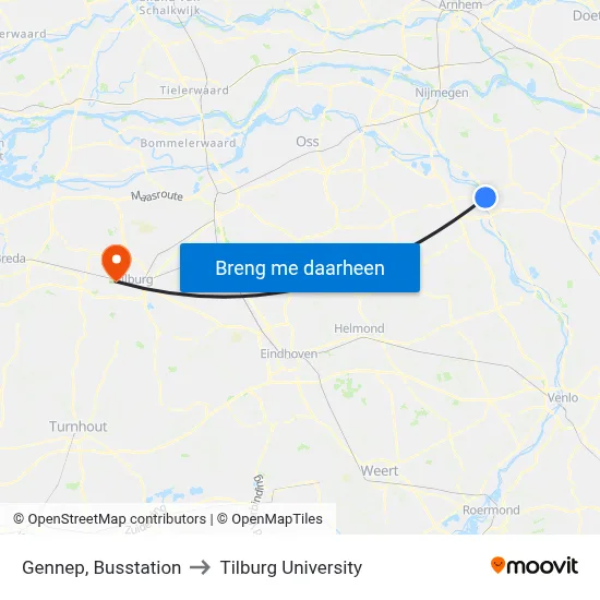 Gennep, Busstation to Tilburg University map