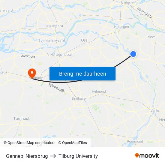 Gennep, Niersbrug to Tilburg University map