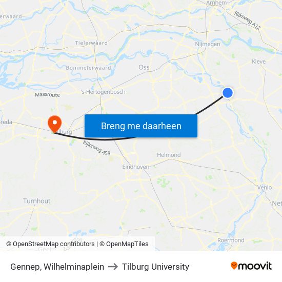 Gennep, Wilhelminaplein to Tilburg University map