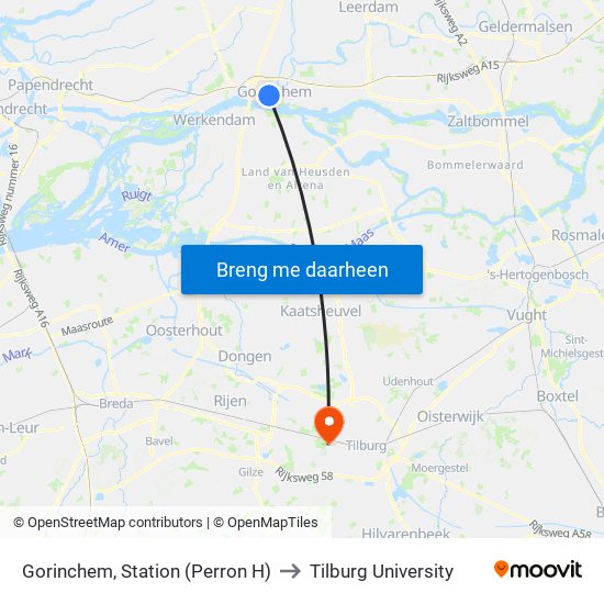 Gorinchem, Station (Perron H) to Tilburg University map