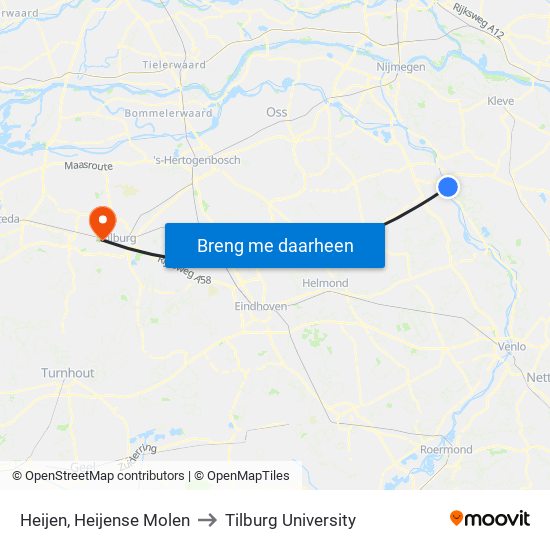 Heijen, Heijense Molen to Tilburg University map