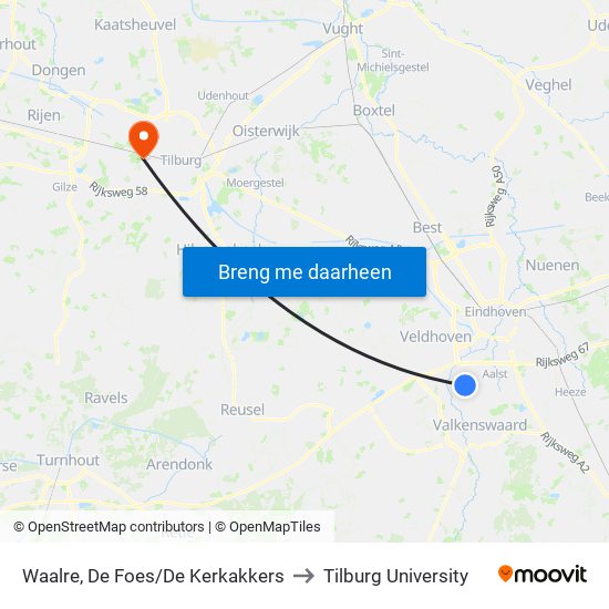 Waalre, De Foes/De Kerkakkers to Tilburg University map