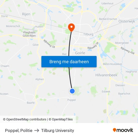 Poppel, Politie to Tilburg University map