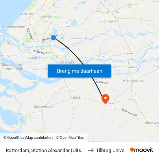 Rotterdam, Station Alexander (Uitstaphalte) to Tilburg University map