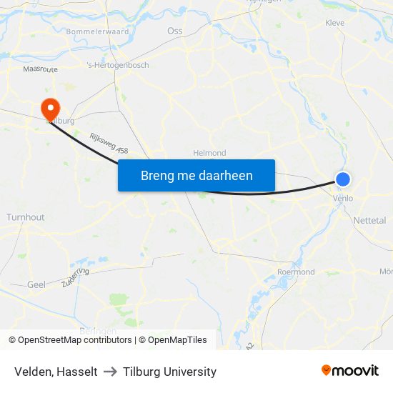Velden, Hasselt to Tilburg University map