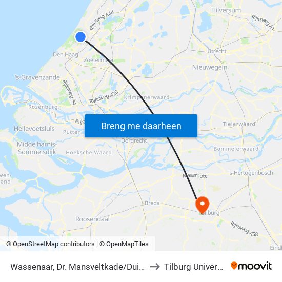Wassenaar, Dr. Mansveltkade/Duinrell to Tilburg University map