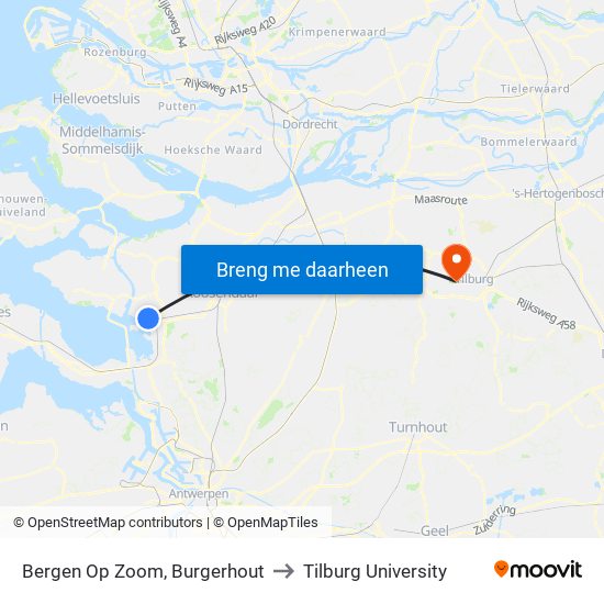 Bergen Op Zoom, Burgerhout to Tilburg University map