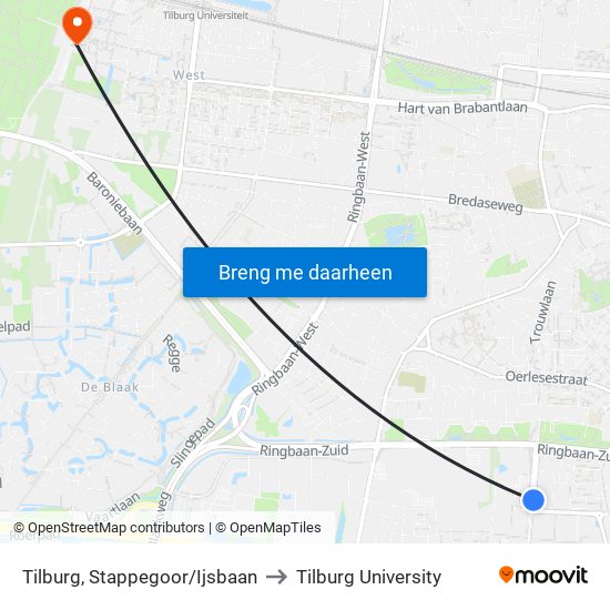Tilburg, Stappegoor/Ijsbaan to Tilburg University map