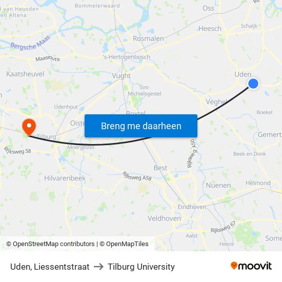 Uden, Liessentstraat to Tilburg University map