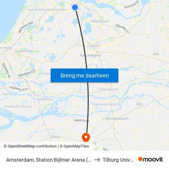 Amsterdam, Station Bijlmer Arena (Perron K) to Tilburg University map