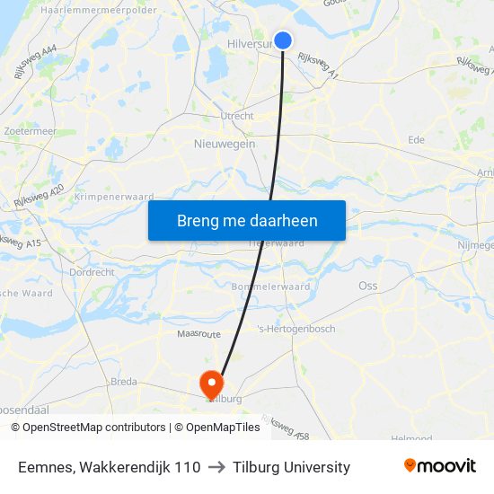 Eemnes, Wakkerendijk 110 to Tilburg University map