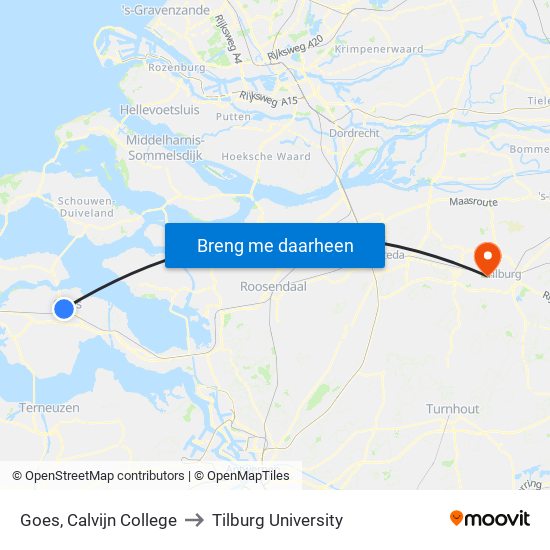 Goes, Calvijn College to Tilburg University map