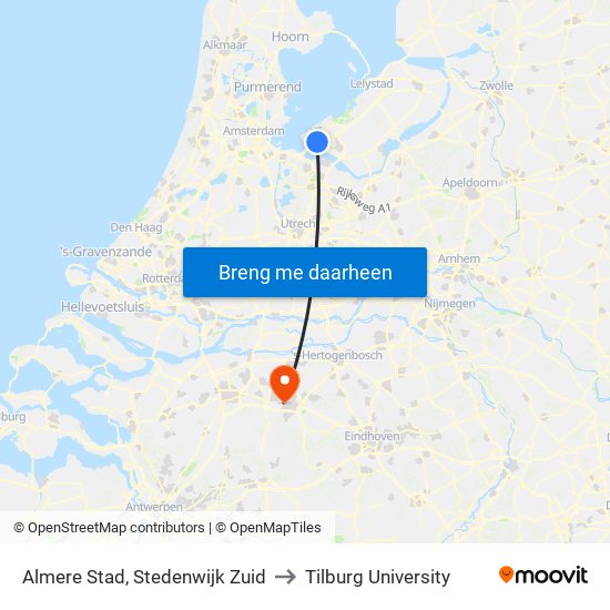 Almere Stad, Stedenwijk Zuid to Tilburg University map