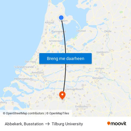 Abbekerk, Busstation to Tilburg University map