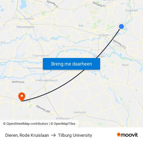 Dieren, Rode Kruislaan to Tilburg University map