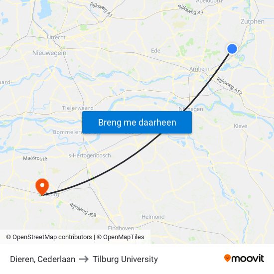 Dieren, Cederlaan to Tilburg University map