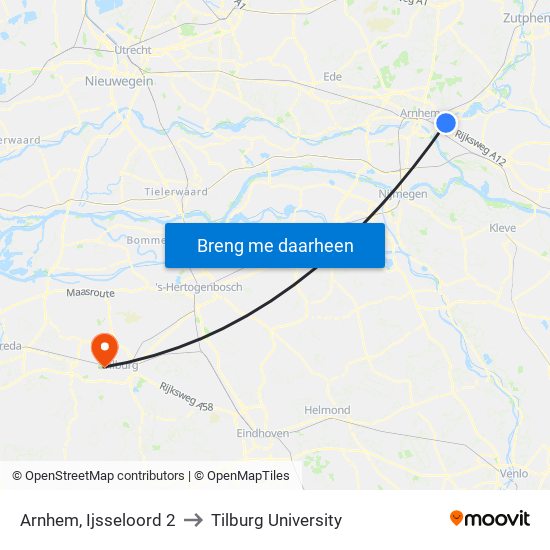Arnhem, Ijsseloord 2 to Tilburg University map