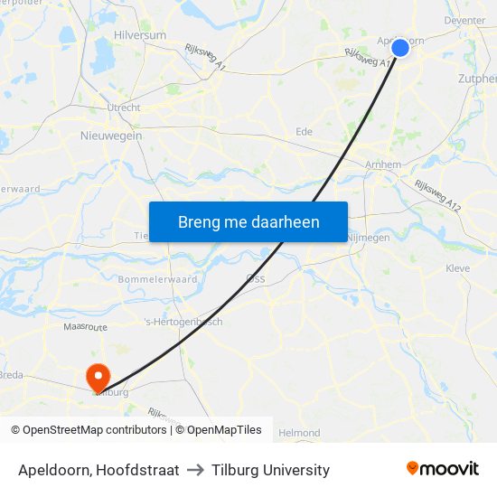 Apeldoorn, Hoofdstraat to Tilburg University map