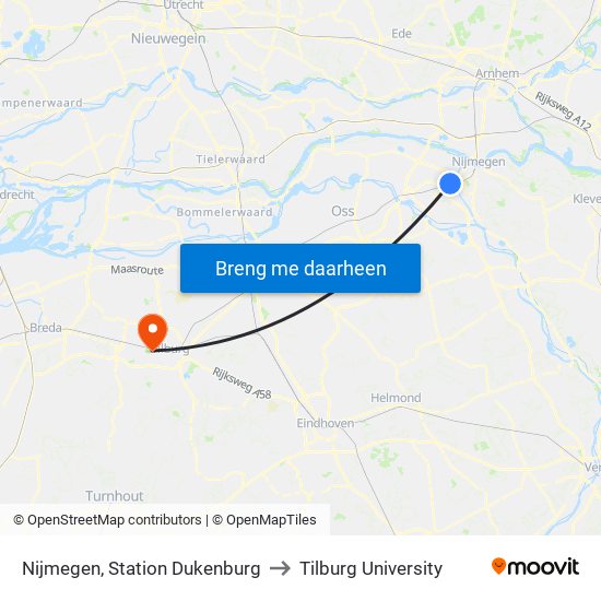 Nijmegen, Station Dukenburg to Tilburg University map