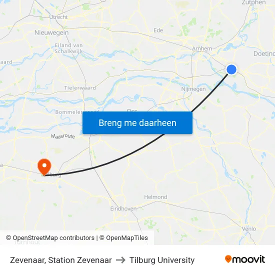 Zevenaar, Station Zevenaar to Tilburg University map