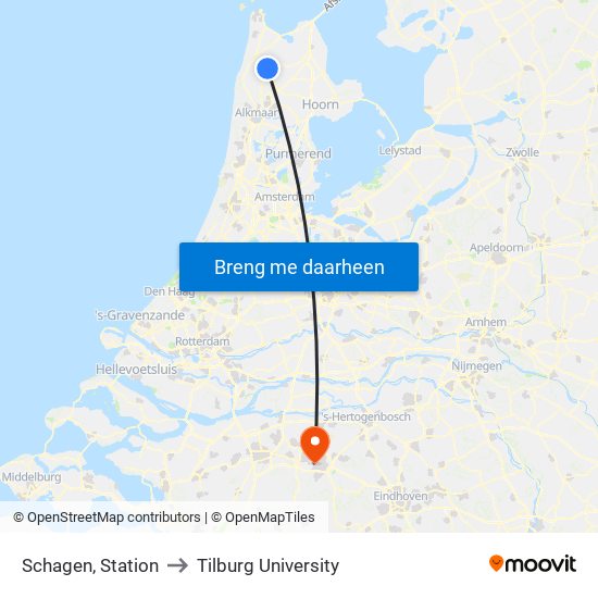 Schagen, Station to Tilburg University map