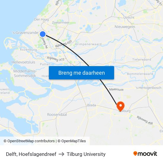 Delft, Hoefslagendreef to Tilburg University map