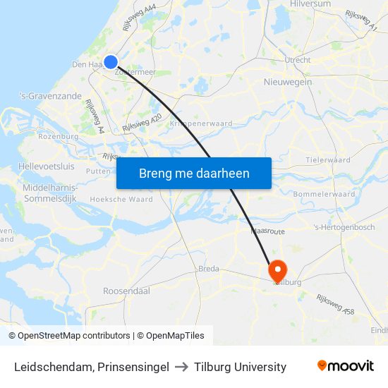Leidschendam, Prinsensingel to Tilburg University map