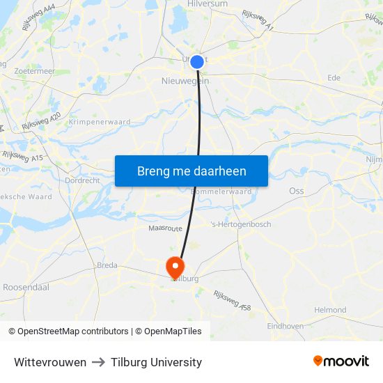 Wittevrouwen to Tilburg University map