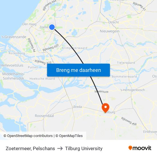 Zoetermeer, Pelschans to Tilburg University map