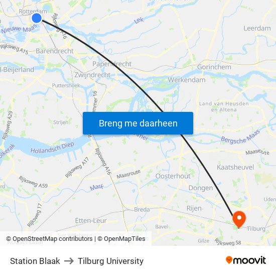 Station Blaak to Tilburg University map