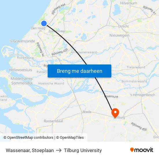 Wassenaar, Stoeplaan to Tilburg University map