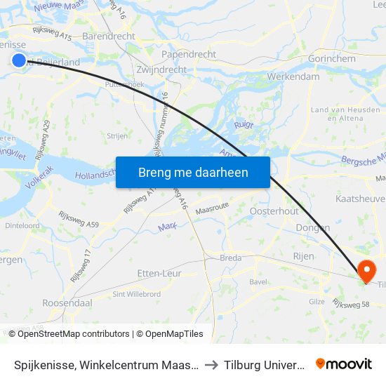 Spijkenisse, Winkelcentrum Maaswijk to Tilburg University map