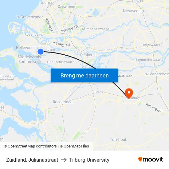 Zuidland, Julianastraat to Tilburg University map