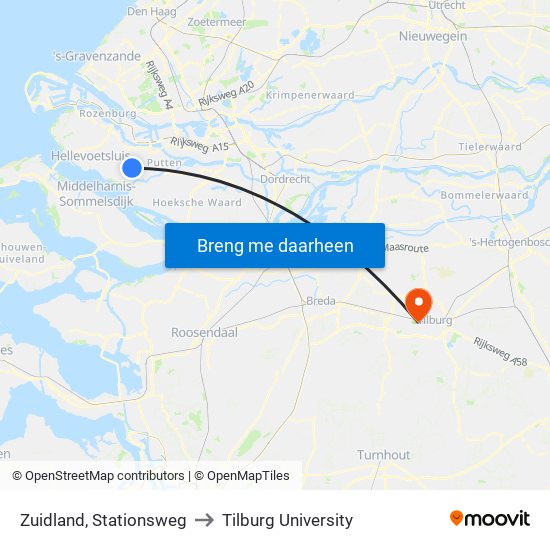 Zuidland, Stationsweg to Tilburg University map