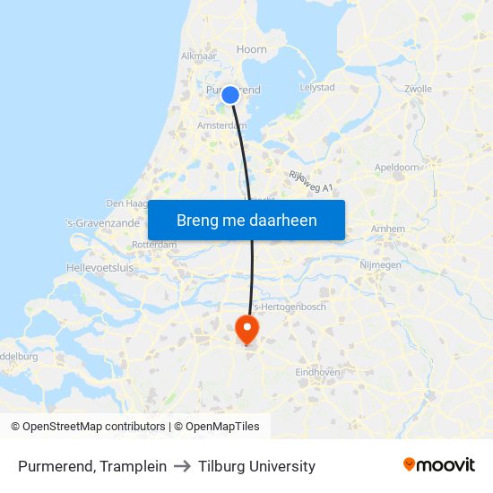 Purmerend, Tramplein to Tilburg University map