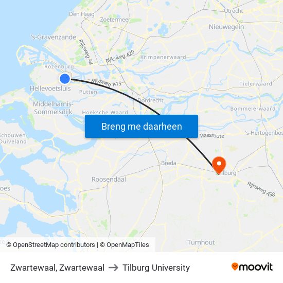 Zwartewaal, Zwartewaal to Tilburg University map