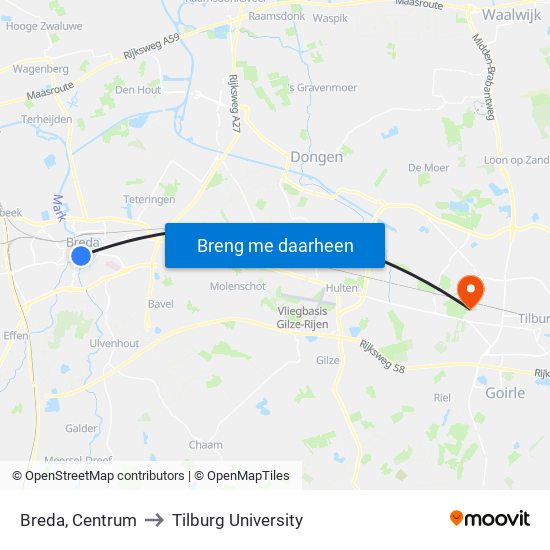 Breda, Centrum to Tilburg University map