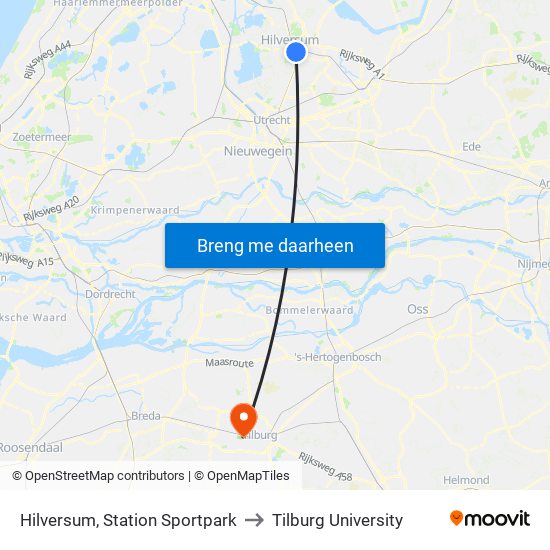 Hilversum, Station Sportpark to Tilburg University map