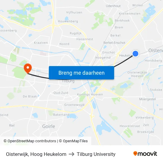 Oisterwijk, Hoog Heukelom to Tilburg University map