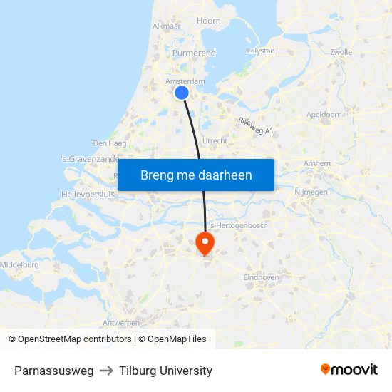 Parnassusweg to Tilburg University map