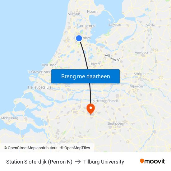 Station Sloterdijk (Perron N) to Tilburg University map